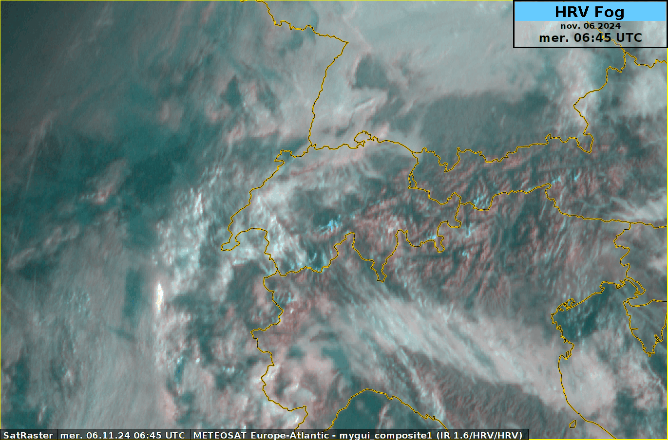 Animation satellite HRV Fog. En bleu ciel, des passages nuageux trahissent la présence d'une faible dépression d'altitude. Les nappes de stratus ou brouillard sur le Plateau suisse et la plaine du Pô, qui apparaissent en blanc, se dissipent progressivement.