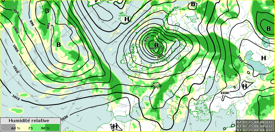 Le défilé de perturbations sur l'Europe occidentale prévu par le modèle ECMWF.