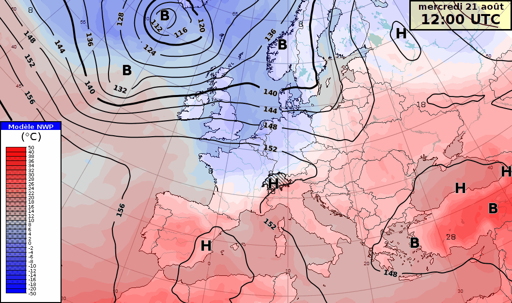 Figure 1 : température (plage de couleurs) et hauteur du géopotentiel (contours noirs) à 850 hPa. Les basses pressions sont indiquées avec des B et les hautes pressions avec des H. 