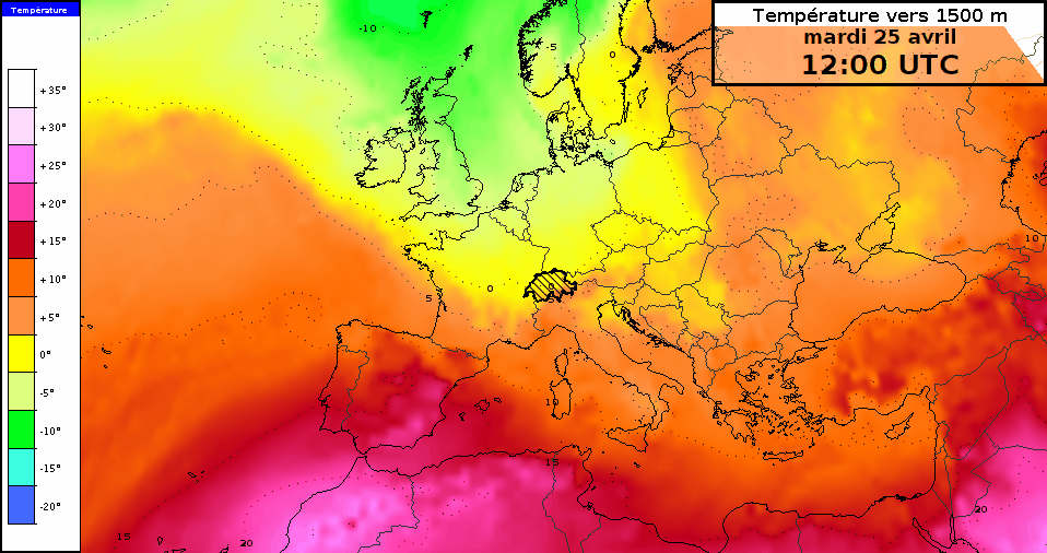 Evolution de la température au niveau 850 hPa (~1500 m) en Europe ces 10 prochains jours. Des valeurs jusqu'à 25 °C sont prévues au-dessus de l'Andalousie jeudi 27 avril 