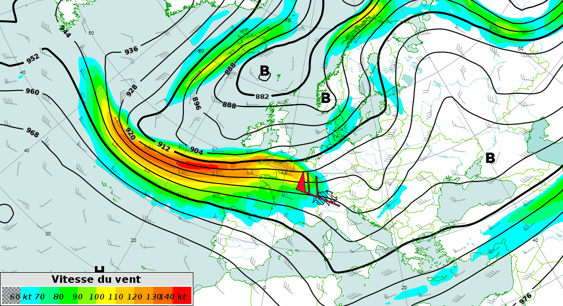 Géopotentiel (courbes noires) et force du vent en kt (plages de couleurs) prévus à 300 hPa (environ 9000 m) entre mercredi midi et vendredi midi par le modèle IFS-HRES. 