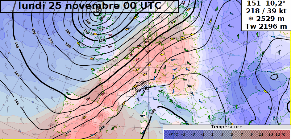 Animation de la prévision de température et d'altitude du niveau 850 hPa entre lundi 25 novembre et dimanche 1er décembre. 