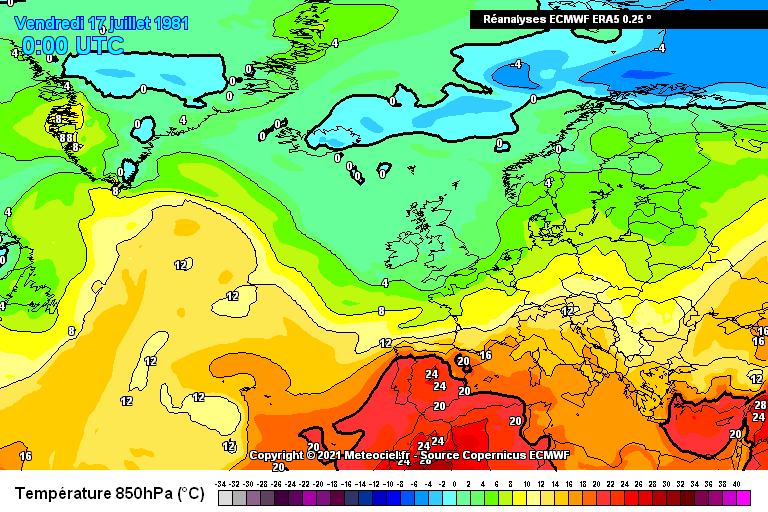 Géopotentiel et température à 850 hPa réanalysés du 7 au 11 juillet 2025. Source : ECMWF ERA 5, Meteociel