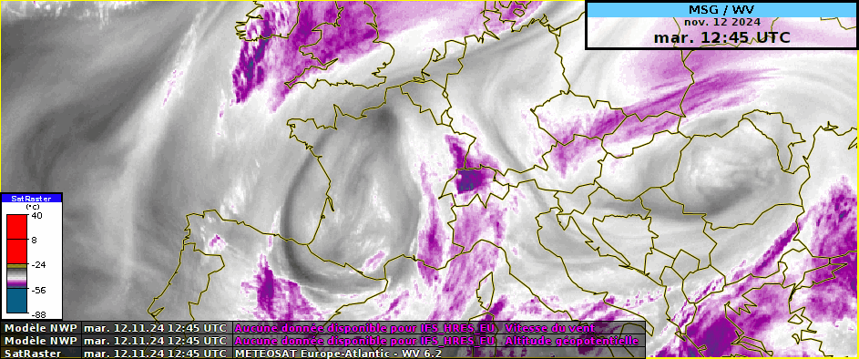 Animation satellite vapeur d'eau colorée mettant en évidence la dépression d'altitude qui a affecté la Suisse ces dernières 24h, saupoudrant la moyenne et haute montagne de quelques centimètres de neige