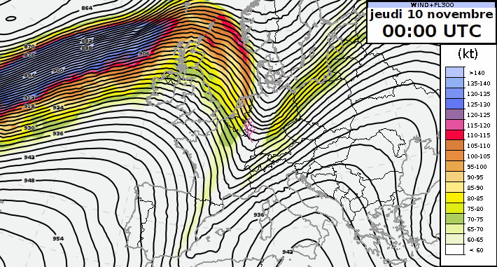 Géopotentiel et force du vent prévus à 300 hPa (environ 9000 m) de jeudi 10 à dimanche 12 novembre par le modèle IFS.