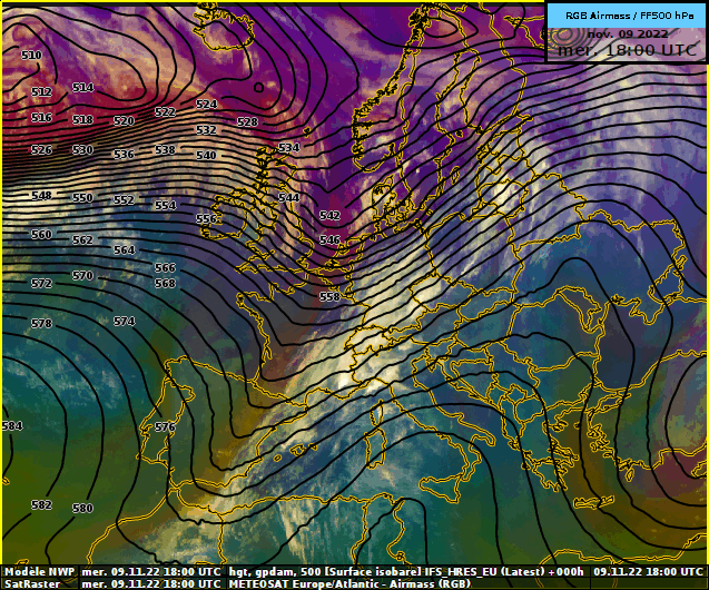 Figure 2 : animation satellite et hauteur du géopotentiel à 500 hPa (contour noir, labels en décamètre) entre mercredi 19h et jeudi 07h locale. Source : Eumetsat et ECMWF.