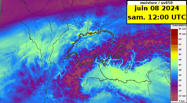 Evolution de l’eau précipitable en mm de samedi midi à dimanche minuit prévue par le modèle ICON-2-CTRL. 