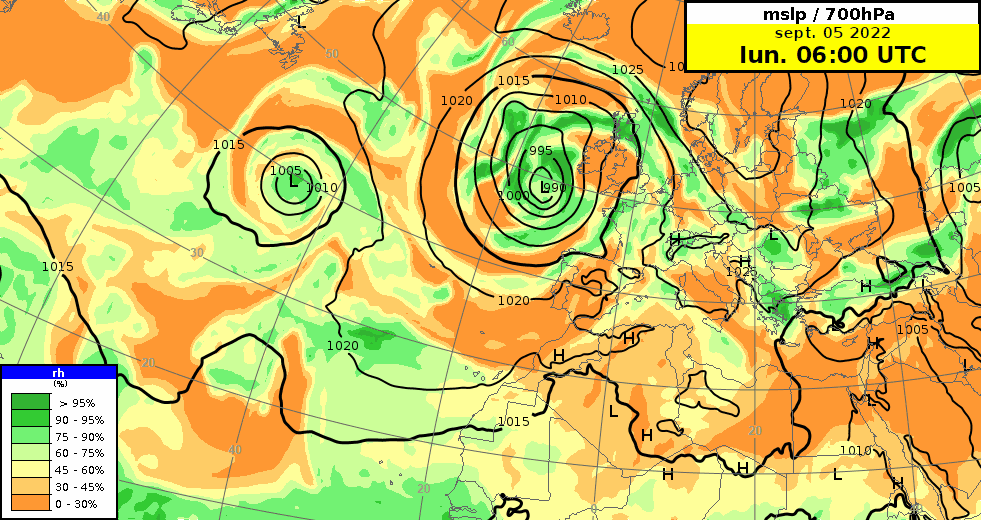 Evolution de la pression au niveau de la mer (courbes noires) et de l'humidité relative à 3000 m (plages colorées, en vert foncé les zones de forte humidité relative) prévue par le modèle IFS du centre européen de lundi 5 septembre 06UTC (8h locales) à dimanche 11 septembre minuit.