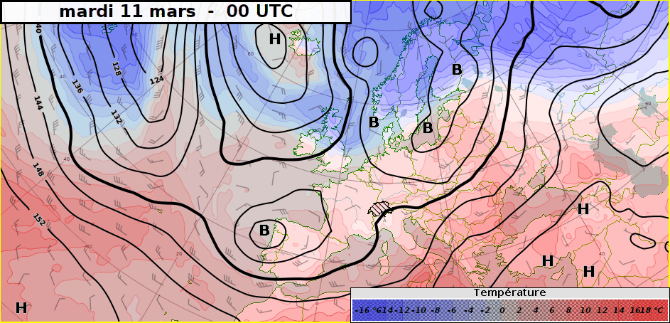 Animation des cartes en prévision de la température au niveau 850 hPa (environ 1500 m) jusqu'en début de semaine prochaine. On aperçoit la coulée d'air polaire maritime en provenance du nord de la Scandinavie qui envahit le nord-ouest de l'Europe au fil des jours pour atteindre finalement l'ensemble de la France jusqu'au Pyrénées en passant par le nord des Alpes.