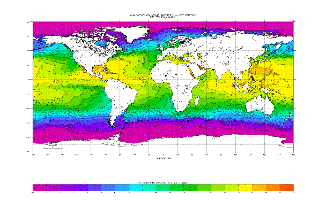 Fig.4 Température de surface de la mer au niveau mondial le 21 août 2022. L'image en haute résolution est disponible à l'adresse suivante: https://www.ospo.noaa.gov/data/sst/contour/global.fc.gif