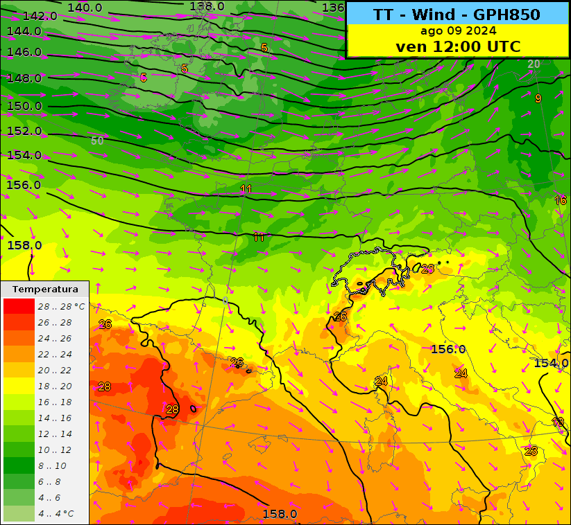 Animation du vent et de la température à 850hPa (1500 m d'altitude) du vendredi 9 août au jeudi 15 août 2024