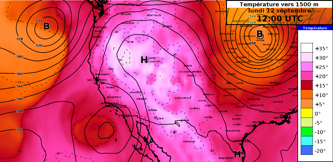 Température à 850 hPa (1500 m) en plages de couleurs et géopotentiel à 500 hPa (5500 m) en lignes noires prévus par le modèle IFS du 11 au 19 septembre 2022.