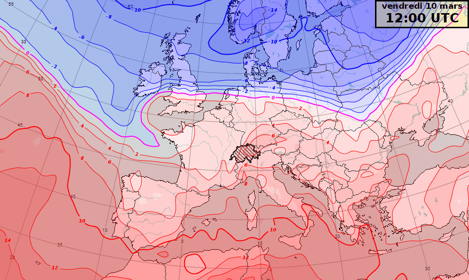 Température à 850 hPa (1500 m) prévue de vendredi 10 à 12h à dimanche 12 mars à 12h par le modèle du centre européen.