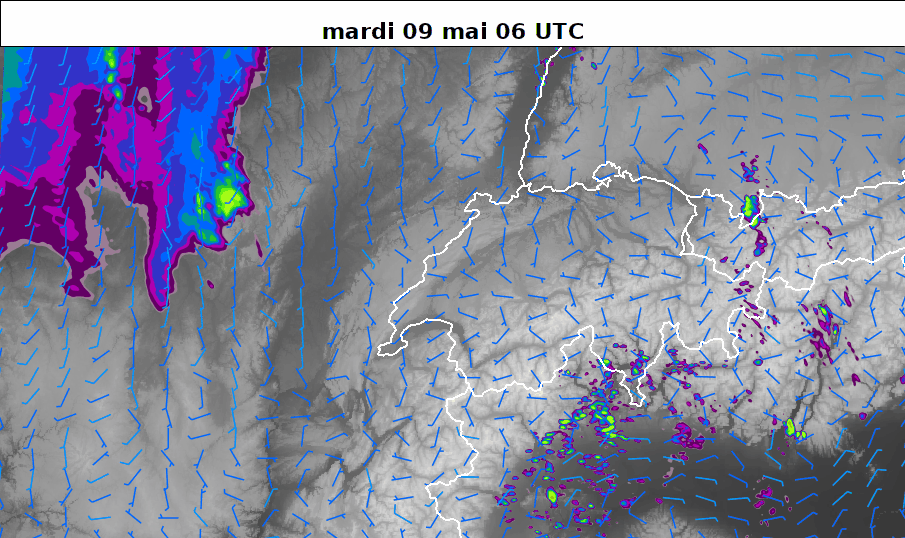 Prévision de la réflectivité radar selon le contrôle de Cosmo 1E pour les 24 prochaines heures