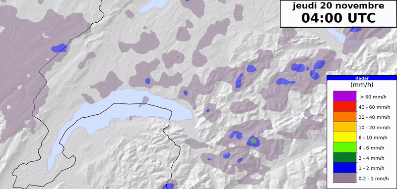 Animation des précipitations pour la journée de jeudi. Voire commentaires dans le texte principale.