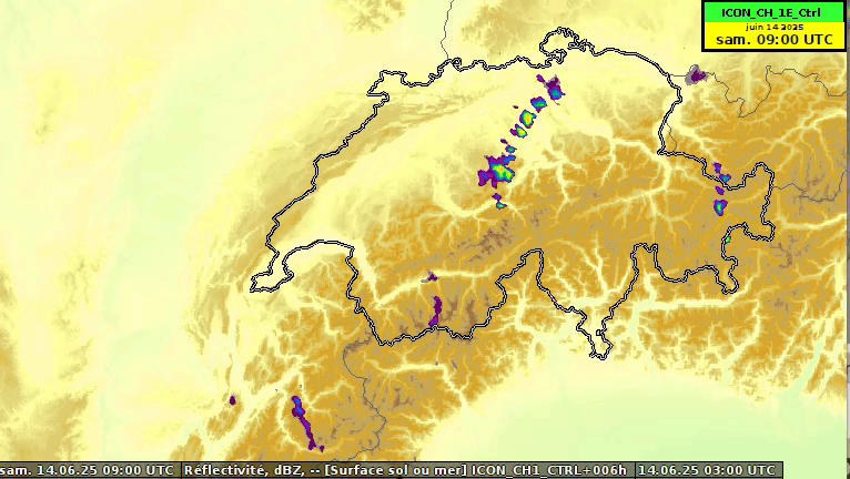 Echos radars simulés par le modèle ICON-1, la signature d'un front orageux actif.
