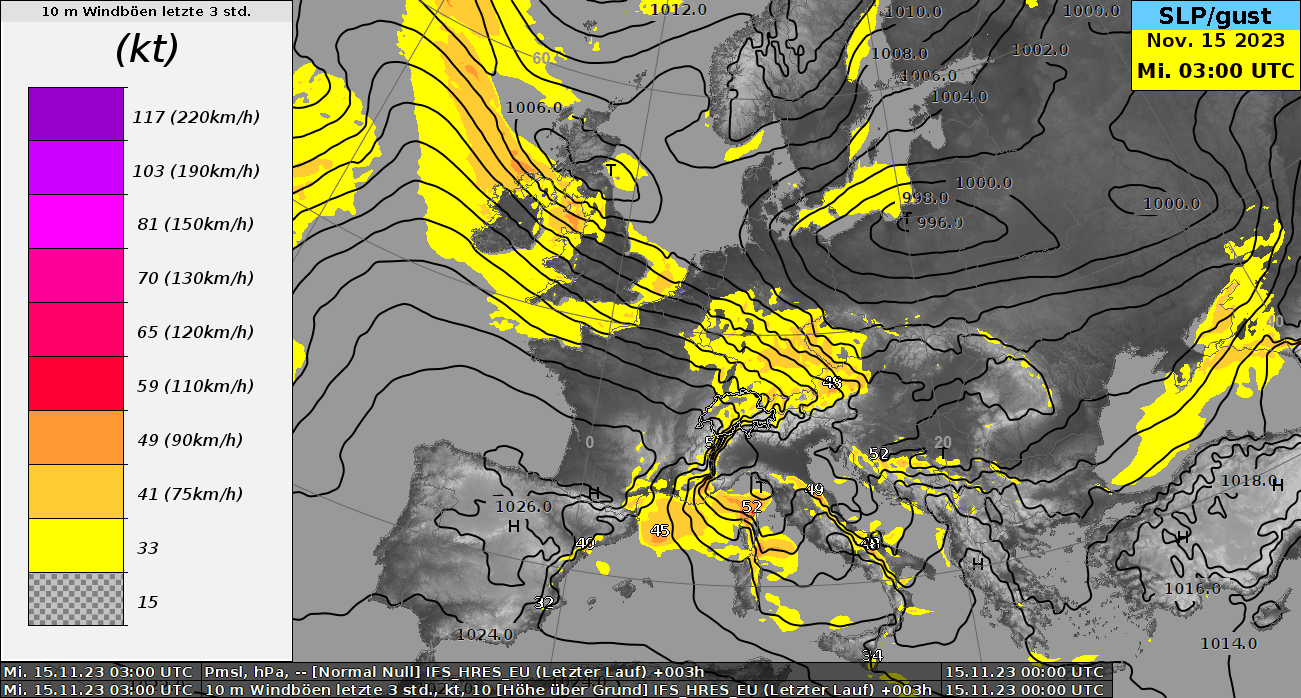 Approche et passage de la dépression Frederico, pour laquelle un préavis de vents forts est en vigueur pour la soirée de jeudi et la nuit de jeudi à vendredi. Source : IFS @ ECMWF.