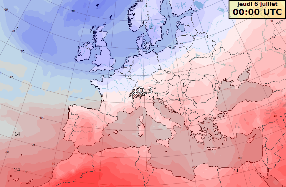 Figure 1. Evolution de la température prévue à 850 hPa (vers 1500 m) avec une valeur au-dessus de la Suisse du jeudi 6 juillet à 00 UTC au mercredi 12 juillet à 00 UTC. Pour obtenir la température maximale en plaine, il faut additionner 14 °C au mois de juillet, pour autant que les conditions soient pleinement ensoleillées.