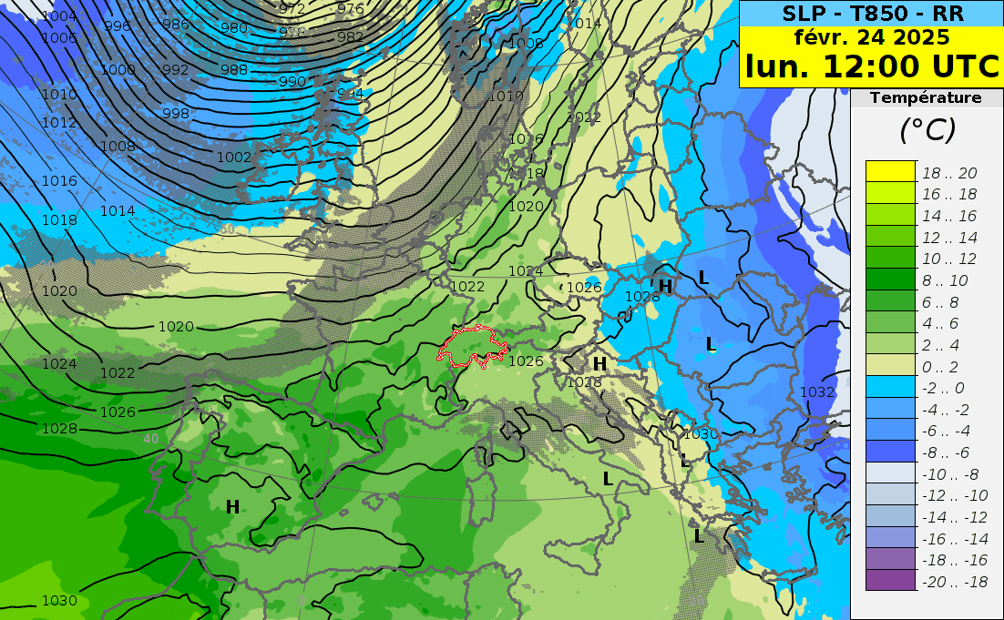 Animation de la température à 850 hPa (~1500 m, couleurs, en °C), pression réduite au niveau de la mer (contours noirs, en hPa) et zones de précipitations (en gris) du lundi 24 février au jeudi 27 février 2025. Modèle IFS HRES.