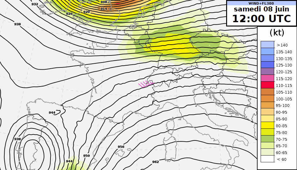 Evolution du géopotentiel (courbes noires, en décamètres) et de la force du vent (plages de couleurs, en kt) à 300 hPa soit environ 9000 m d’altitude, de samedi midi à dimanche minuit, prévue par le modèle IFS, run de contrôle.
