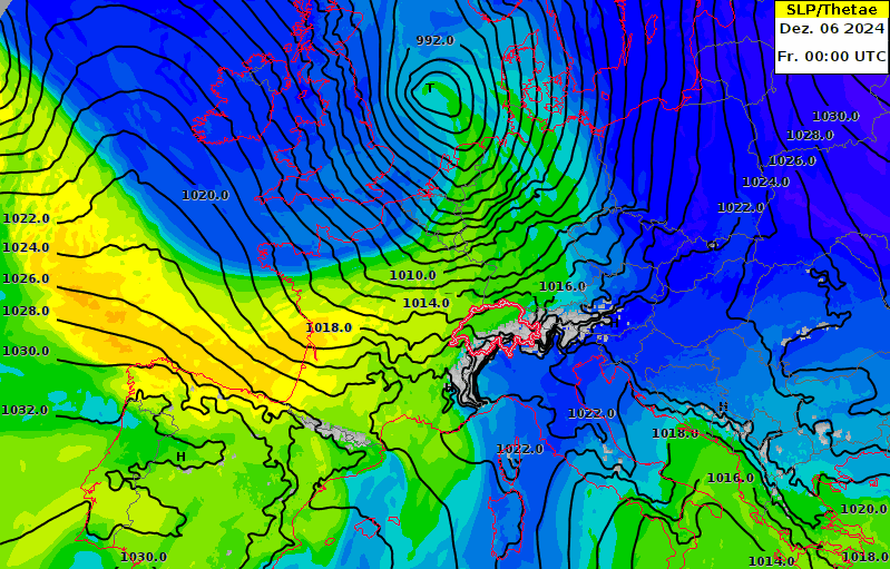 Evolution de la situation météorologique de vendredi 6 et samedi 7 décembre prévue par le modèle météorologique ICON-EU. Sont représentés la pression (lignes) et le champ de température (surfaces colorées). Les zones jaune-vert marquent l'air chaud, les zones bleues l'air froid. On distingue bien les deux passages de fronts froids de vendredi et samedi.