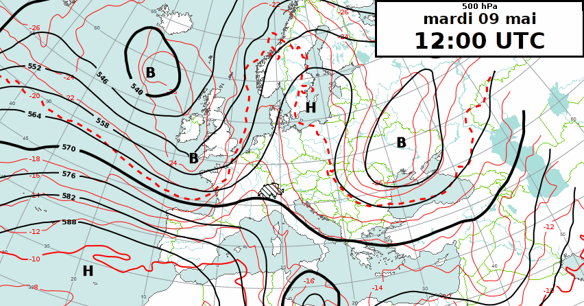 Prévision pour l'Europe du modèle IFS-Hres au niveau 500 hPa pour les 8 prochains jours