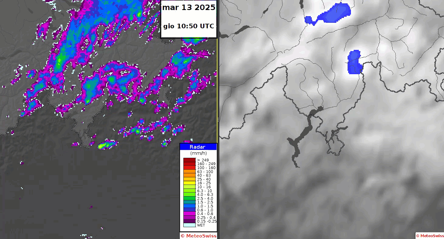 Animation récapitulative de la journée du 13.03.2025. À gauche : estimation des précipitations par radar. À droite : image satellite (MTG IR10.5), notifications sur l'application MétéoSuisse et décharges électriques..
