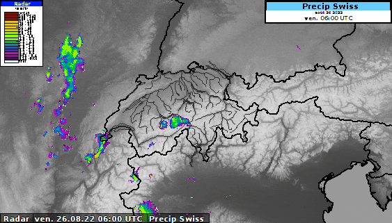 Animation radar de vendredi 26 août. Il s'agit d'heures UTC, auxquelles il faut ajouter 2 heures pour des heures locales.