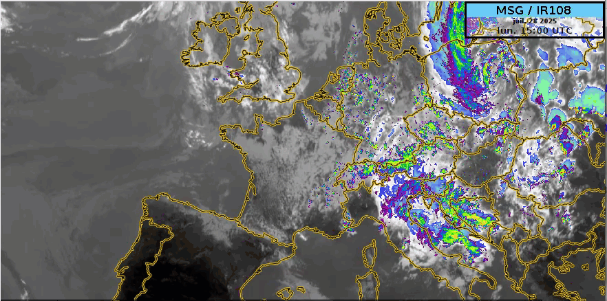 L’animation satellite jusqu’à jeudi 31.07 12 UTC et l’animation du modèle IFS à compter du jeudi 31.07.2025 15 UTC, montre respectivement le courant dépressionnaire humide du nord-ouest des derniers jours et la poursuite de cette situation jusqu’à samedi soir.