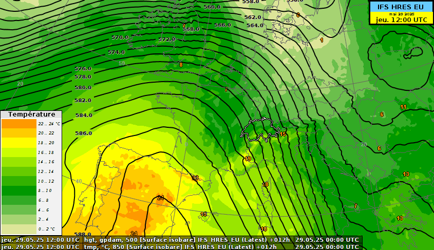 Température à 850 hPa (couleur) et géopotentiel à 500 hPa (lignes noires)