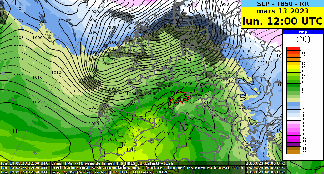 Animation de pression réduite au niveau de la mer (en hPa, contours noirs), températures (en °C, couleurs) à 850 hPa (~1500 m) et zones de précipitations (en gris) du lundi 13.03 12 h UTC au mercredi 15.03.2023 06 h UTC. Modèle IFS.