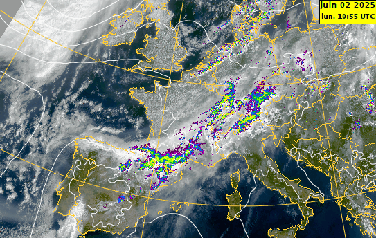 Animation satellite et radar lundi 2 juin 2025 entre 12h50 et 15h50 locales
