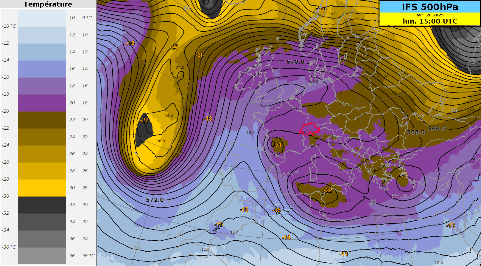 Altitude du géopotentiel à 500 hPa (isolignes noires) et températures à 500 hPa (couleurs) entre lundi 28 et mercredi 30 avril 2025. (Image : IFS, ECMWF)