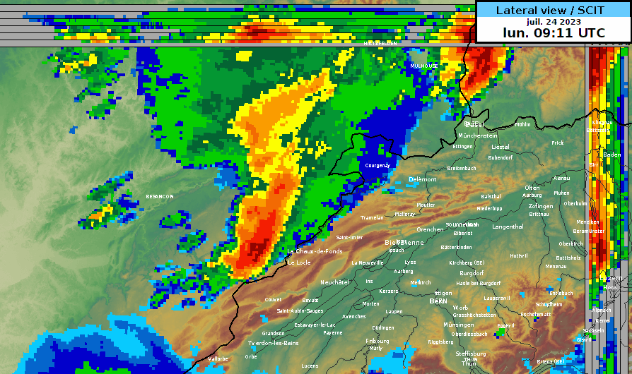 Animation radar de l’orage violent touchant le Jura et les localités de la Chaux-de-Fonds et du Locle ce matin entre 09h10 et 09h40 UTC (entre 11h10 et 11h40 heures locales).