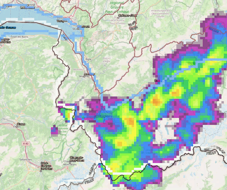 Animation des réflectivités radar donnant l’intensité des précipitations de 20h30 à 21h50 environ le 1er juillet 2025.