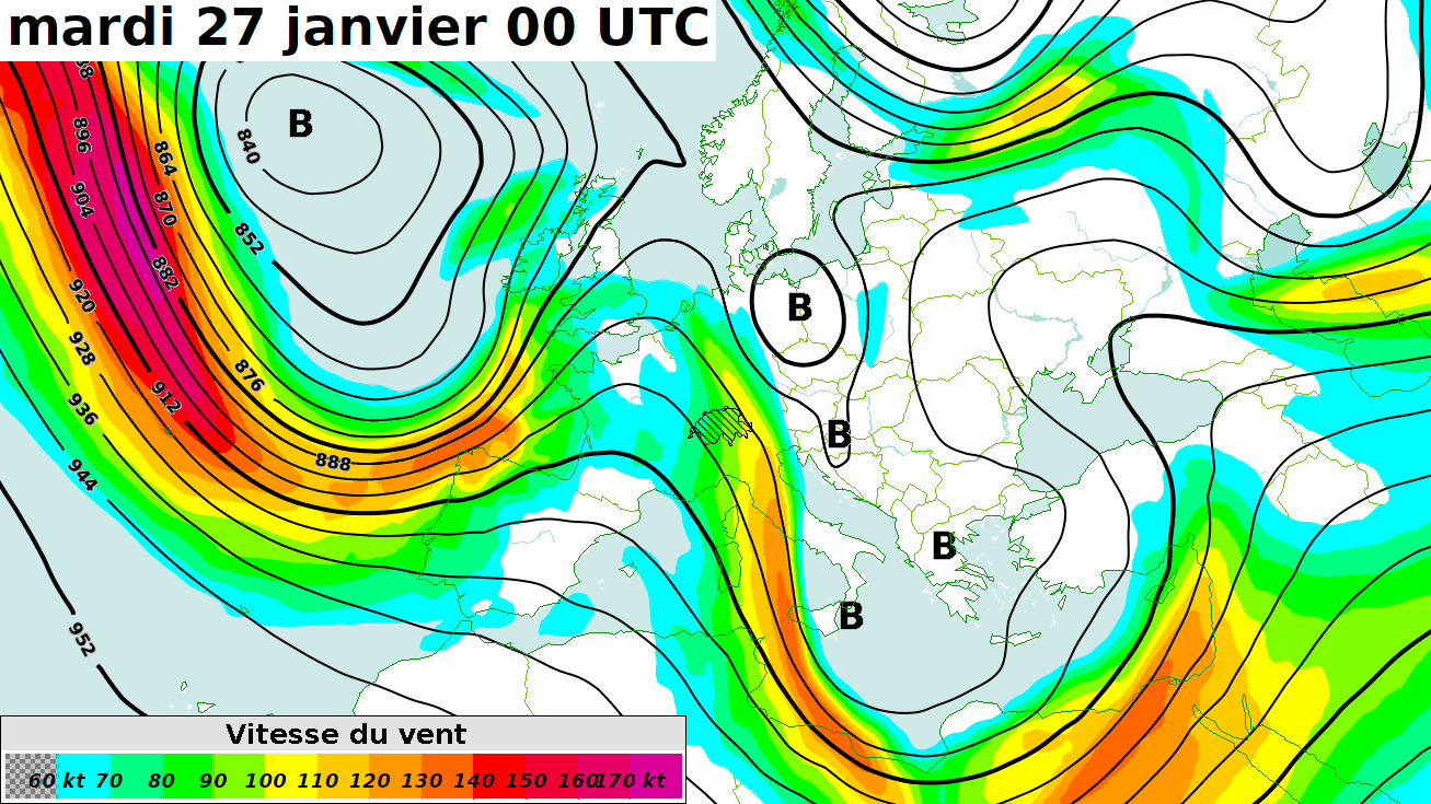 Prévision du vent (en couleurs) et du géopotentiel (isolignes noires) à 300 hPa – vers 9000 mètres au-dessus du niveau de la mer – entre mardi 27 et vendredi 30 janvier 2026. (Source : modèle IFS, ECMWF & MétéoSuisse).