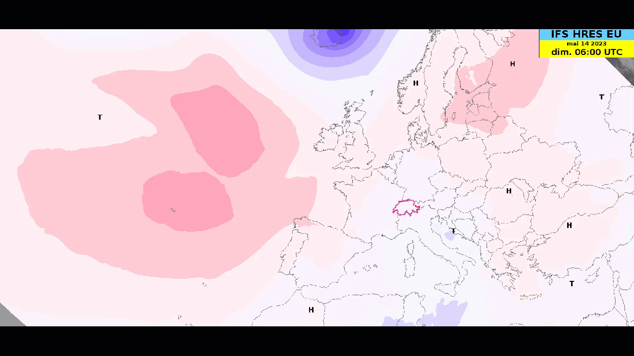 En rose, antiyclone ; en mauve, zones dépressionnaires. Source : ECMWF@NinJo-MétéoSuisse