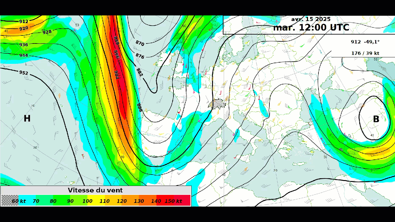 Figure 1 : Géopotentiel (courbe noires) et force du vent (couleurs) prévus à 9000 m d’altitude par le modèle IFS le 17 avril 2025 à 00UTC.