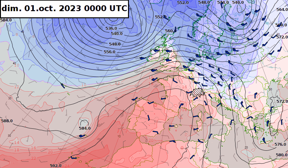 Géopotentiel à 500 hPa (environ 5500 m, en courbes noires) et température à 850 hPa (environ 1500 m, en plages de couleurs) prévu de dimanche à mardi soir par le run déterministe du modèle européen.