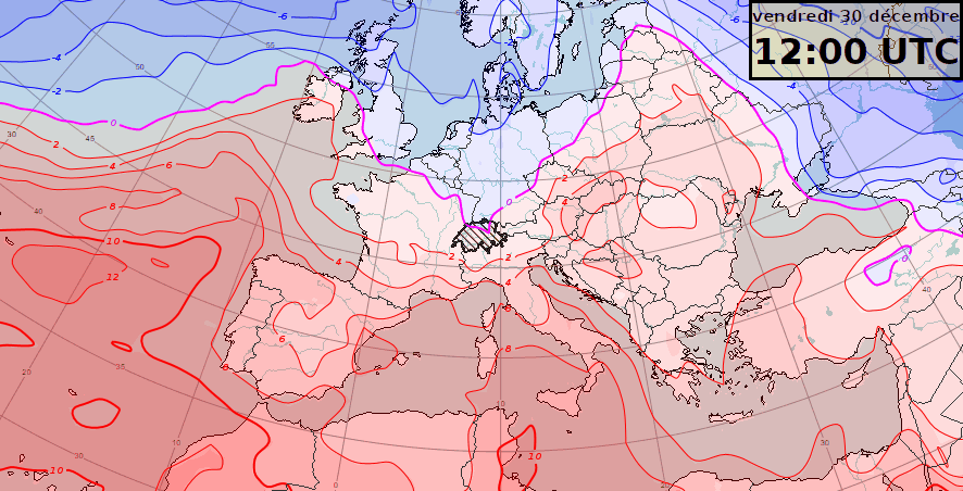 Température à 1500 m d'altitude prévue de vendredi 30 décembre à midi à lundi 2 janvier minuit par le modèle IFS.