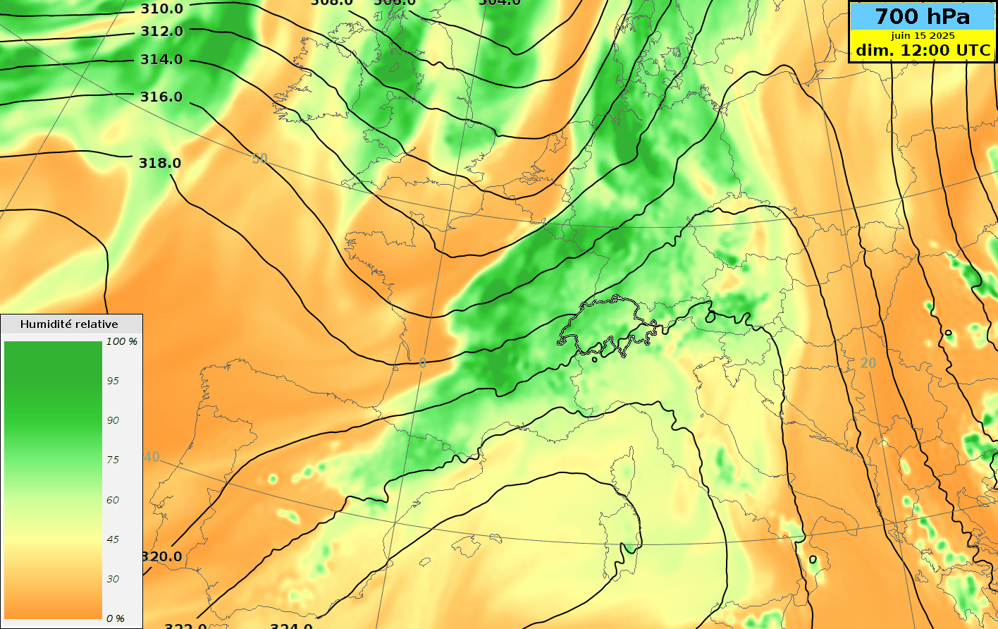 Modélisation de l’humidité (couleurs) et du géopotentiel (isolignes noires) au niveau 700 hPa. (Animation : modèle IFS, ECMWF)