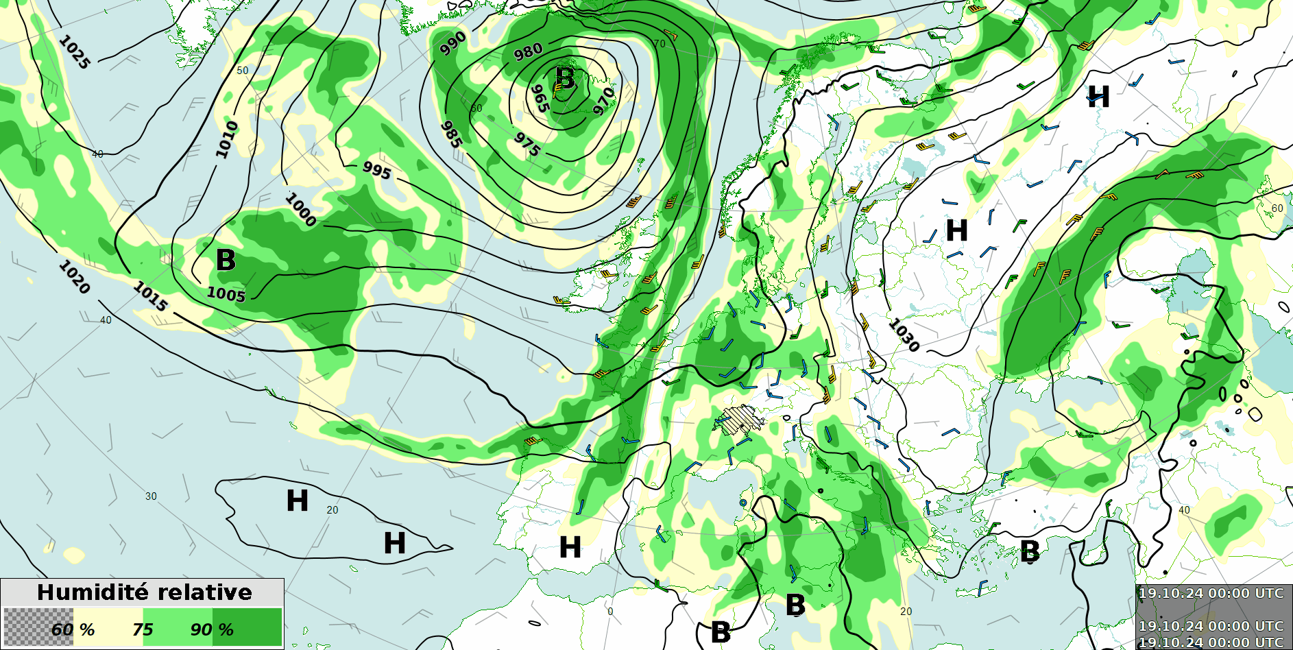 Carte au sol avec l'humidité relative à 700 hPa (3000 m d'altitude) et l'évolution pour ces prochains jours vue par le modèle ECMWF.