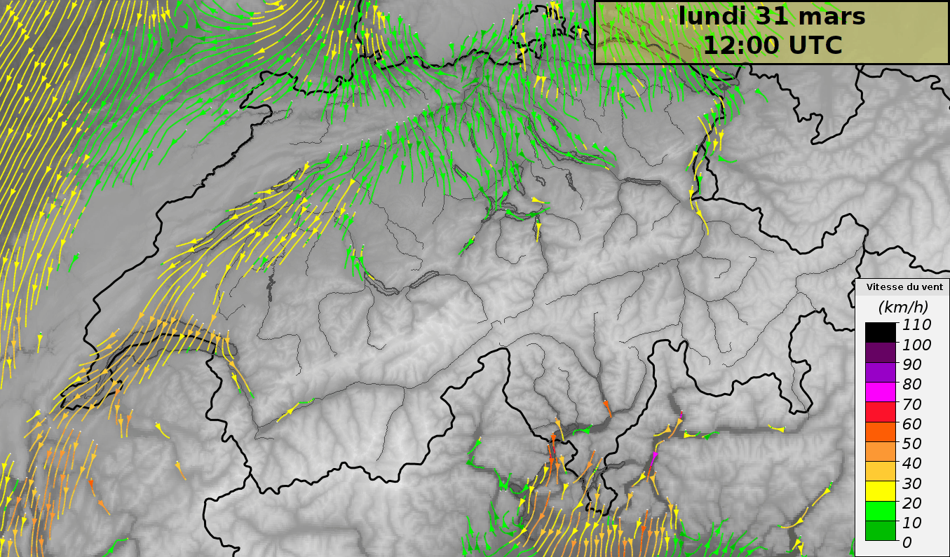 Simulation du vent (bise) en Suisse entre lundi 31 mars à 14 h et mercredi 2 avril à 2 h. 