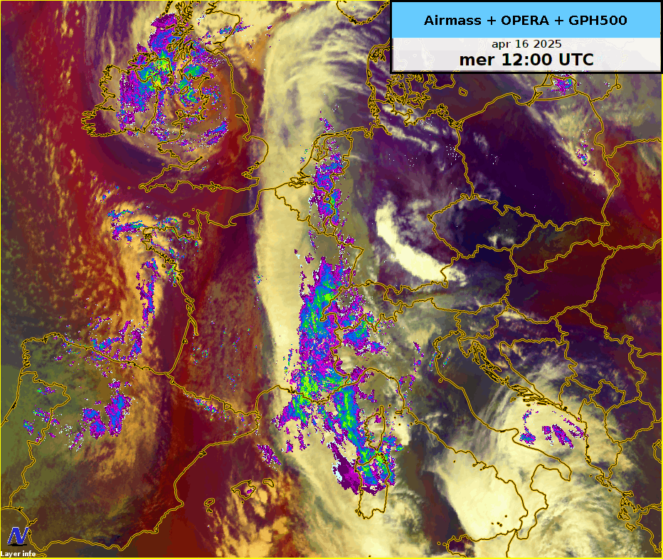 Image satellite (Airmass RGB). composite radar (Opera) et géopotentiel à 500 hPa du 16 avril 2025 à 12 UTC au 17 avril 2025 à 12 UTC.