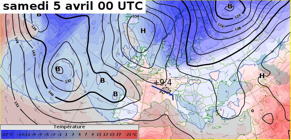 Prévision au niveau 850 hPa (envrion 1500 m) entre samedi et mercredi prochain. Dès dimanche la baisse de la température sur l'Europe centrale est marquée. 