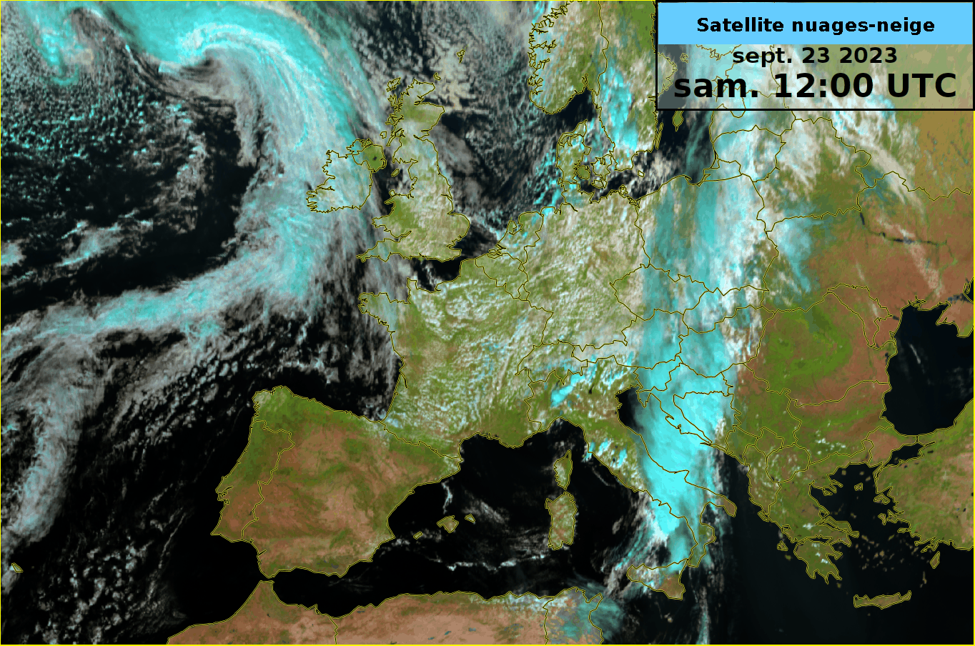 Vue satellite de l'Europe entre samedi 12h UTC et lundi 0h UTC.