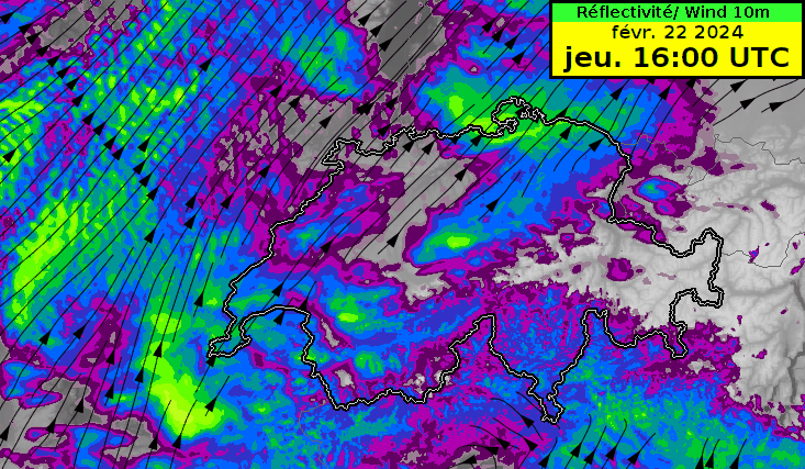 Prévision d’intensité de précipitations (plages de couleurs, plus intenses en orange) et de direction du vent (lignes avec flèches), entre jeudi 16UTC et vendredi 02UTC.