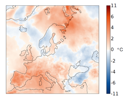 Figure 3. Répartition spatiale de la température en juin 2022 en Europe. L’écart (en °C) à la norme 1991-2020 est représenté (basé sur les données ERA5). Source : Copernicus