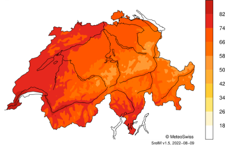 Figure 6. Durée de l’ensoleillement relatif (pourcentage par rapport au nombre maximal possible d’heures d’ensoleillement) en juillet 2022 en Suisse. Source : MétéoSuisse