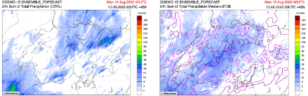 Figure 1. Précipitations prévues sur 24 heures pour le dimanche 14 août du modèle COSMO-1E (modèle déterministe à gauche, médiane des ensembles à droite) (initialisation du samedi 13 août à 03 UTC).